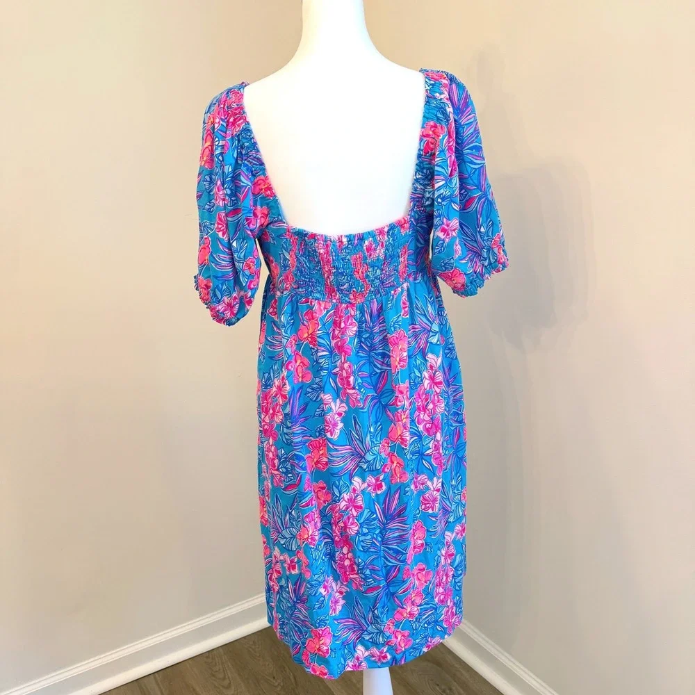 Lilly Pulitzer Floral Cotton Dress‎ Size 8 Blue Pink Tropical Puff Sleeve Resort